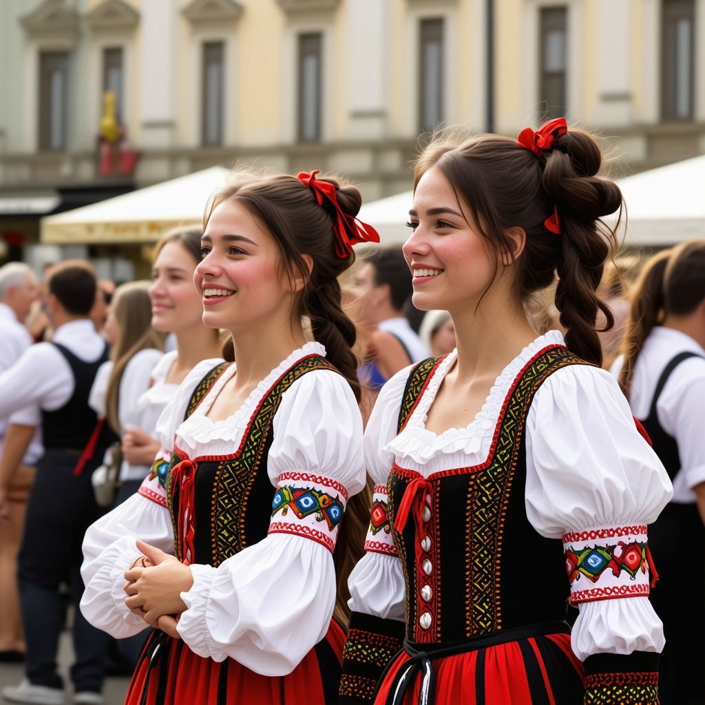 Vibrant scene from a cultural festival in Subotica with traditional costumes and lively crowd