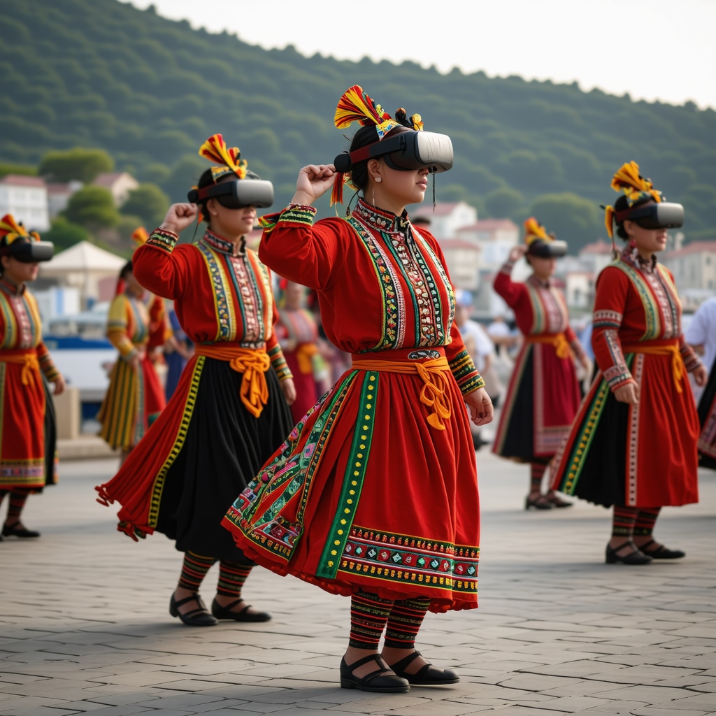Traditional dancers performing at Tekirdağ festival with VR technology exhibit in the background