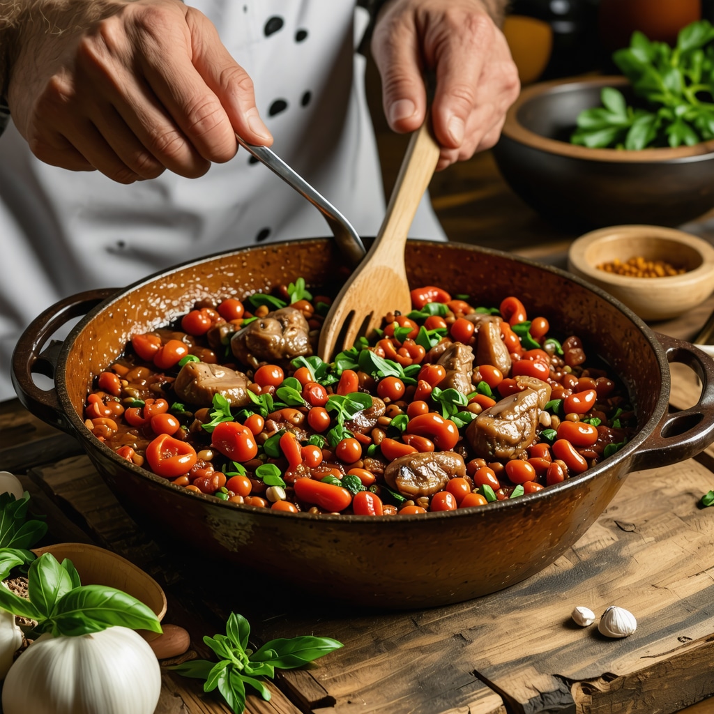 Traditional Dalmatian dish being cooked in a rustic kitchen