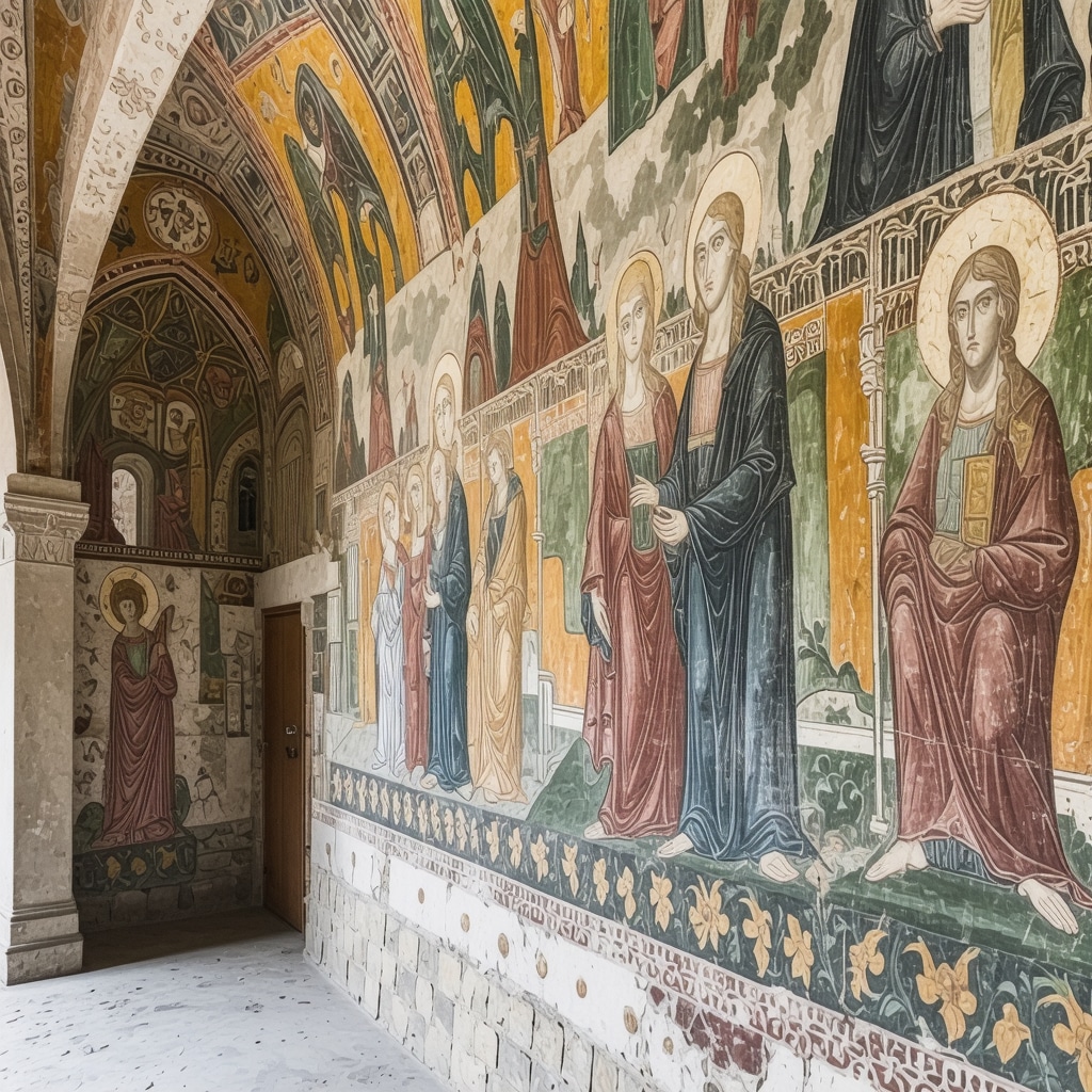 Close-up of detailed frescoes in a historic church in Plovdiv showing vibrant colors and intricate designs