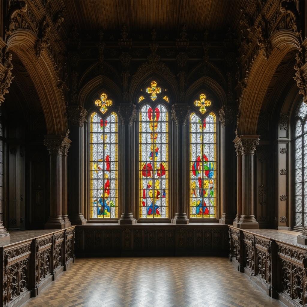 Close-up of Peles Castle interior highlighting stained glass, wood carvings, and symbolic sculptures