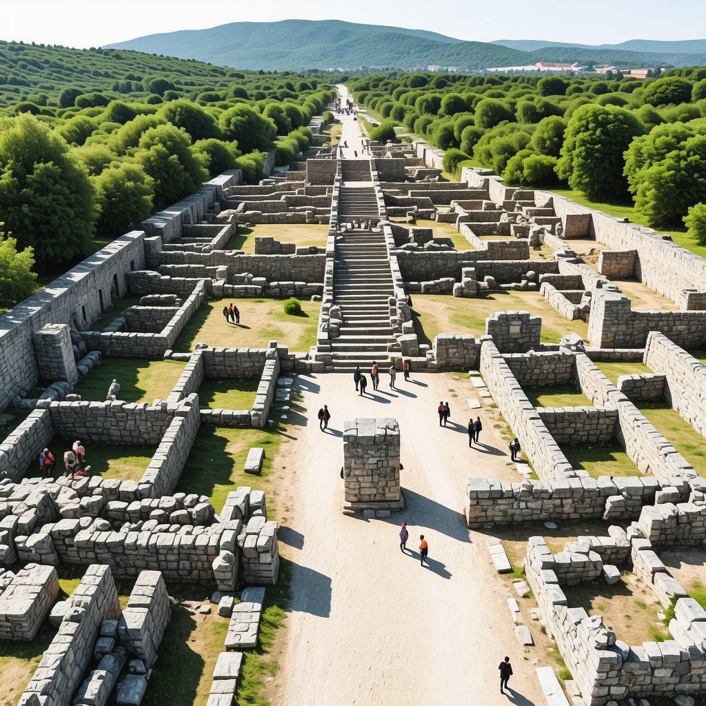 Aerial view of Stobi archaeological site with digital 3D reconstruction overlay showing ancient ruins and visitors