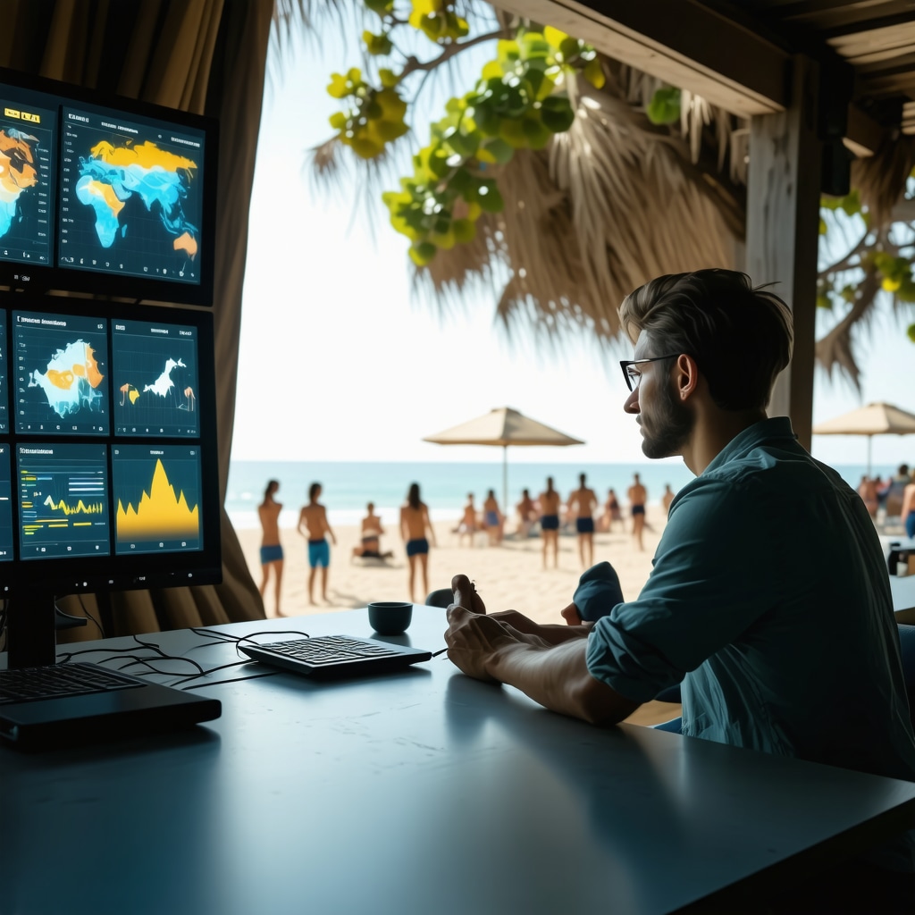 Futuristic digital dashboard monitoring environmental conditions and tourist density on Mamaia beach