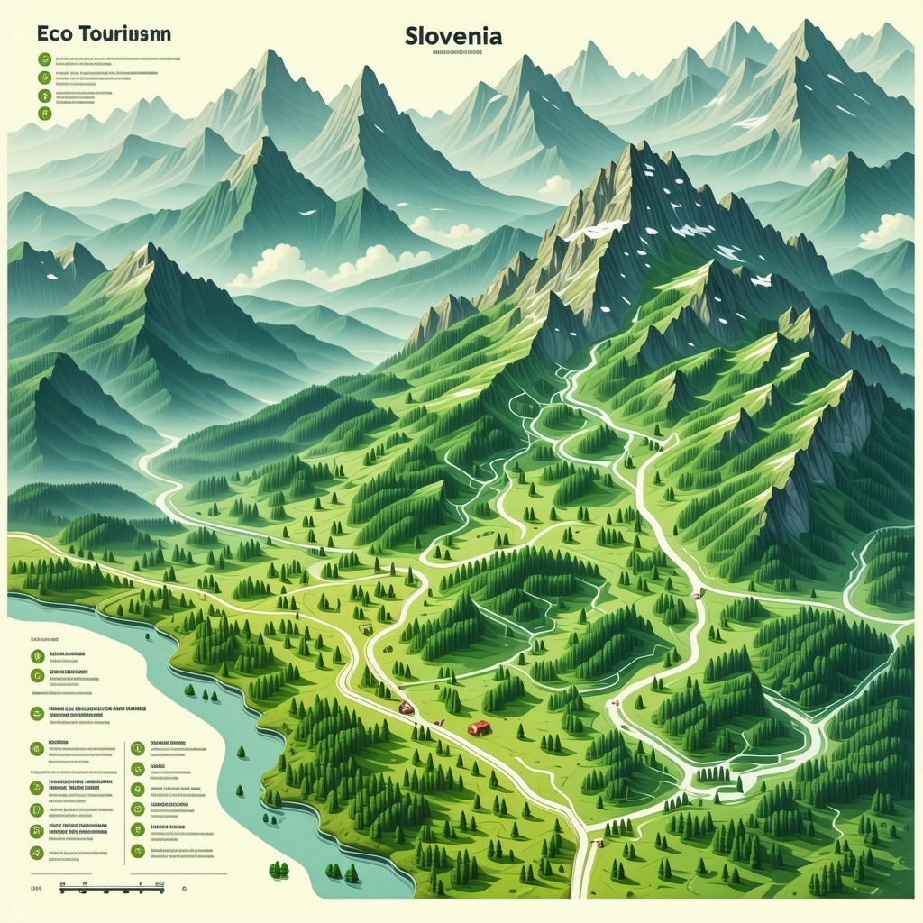Futuristic digital map highlighting eco-tourism destinations in Slovenia with AI and blockchain icons