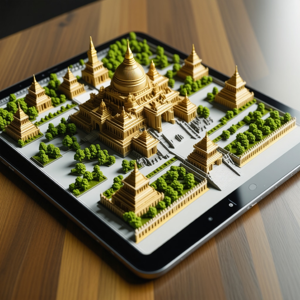 A digital tablet showcasing 3D models of historic monuments in vibrant colors