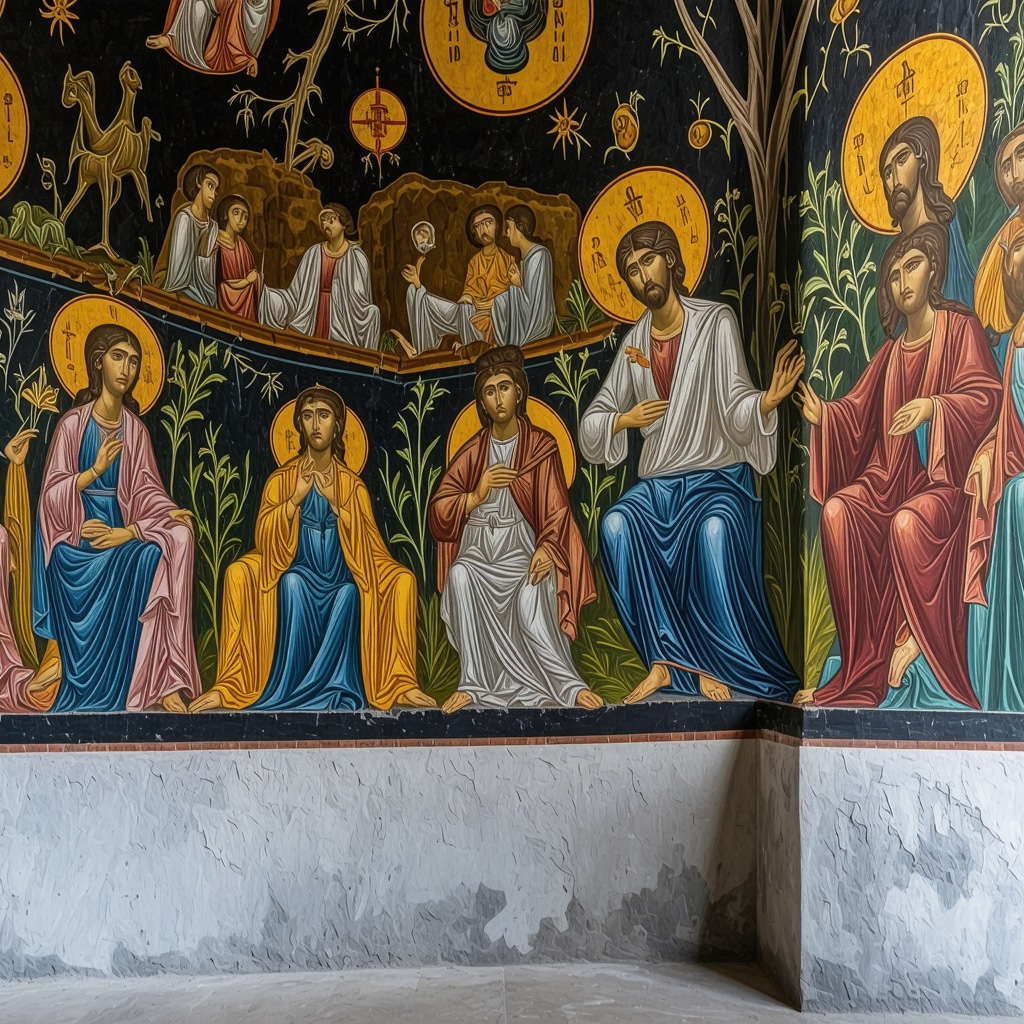 A detailed digital rendering of a Byzantine-style fresco with symbolic icons and intricate detailing, in vibrant colors.