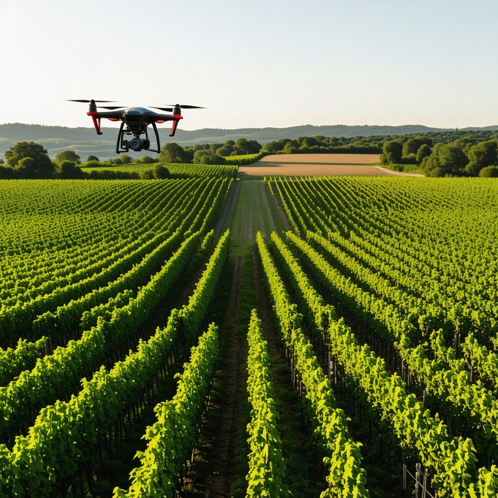 Dron over vineyard with sensors and data panels in Tikveš region