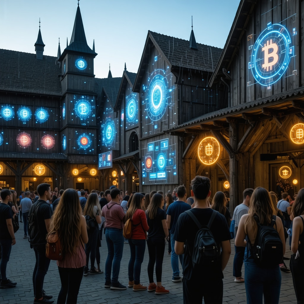 Festival scene with traditional Transylvanian architecture blended with digital and blockchain technology elements