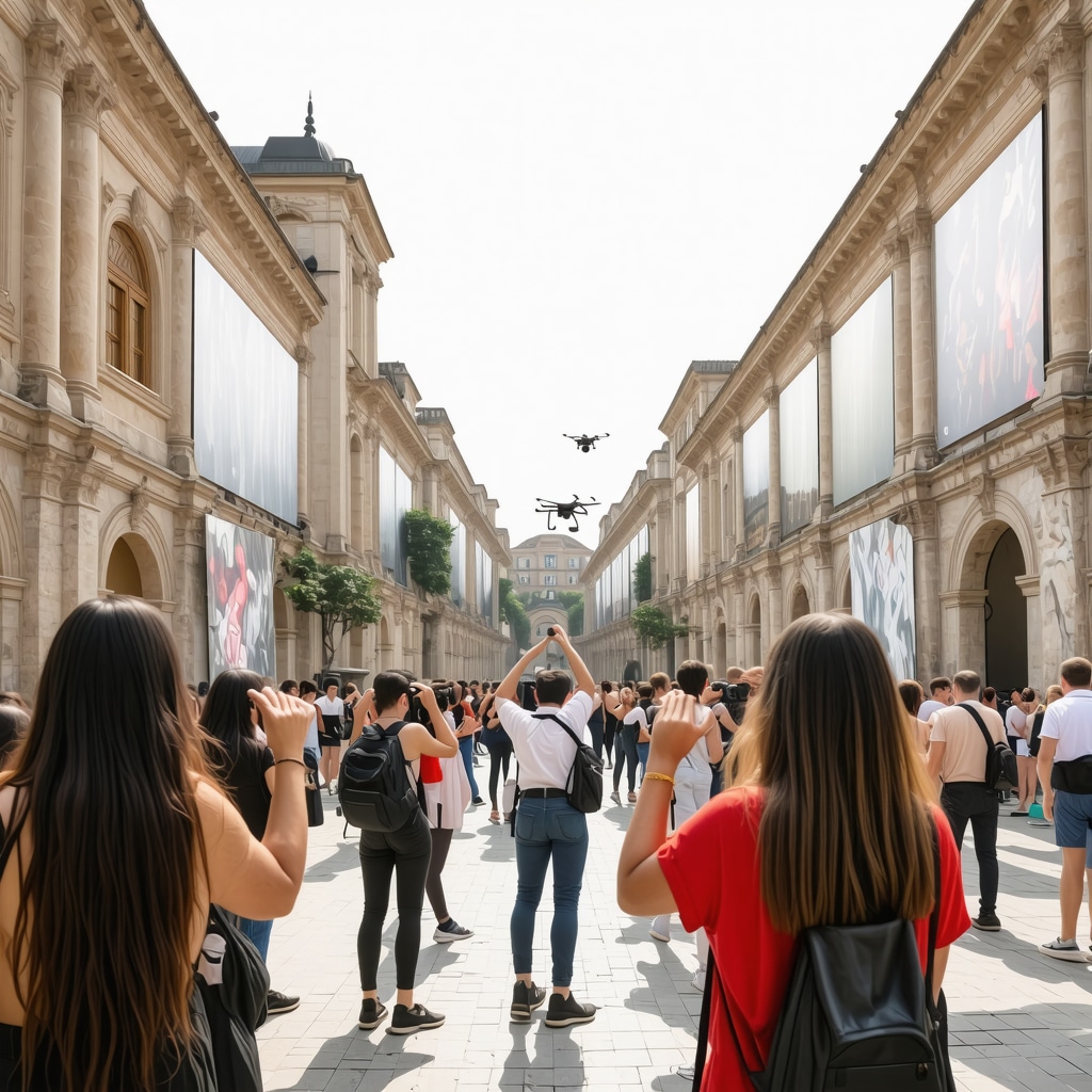 Digital art installations and historic architecture blending in Skopje with diverse community participation and photographers capturing urban scenes