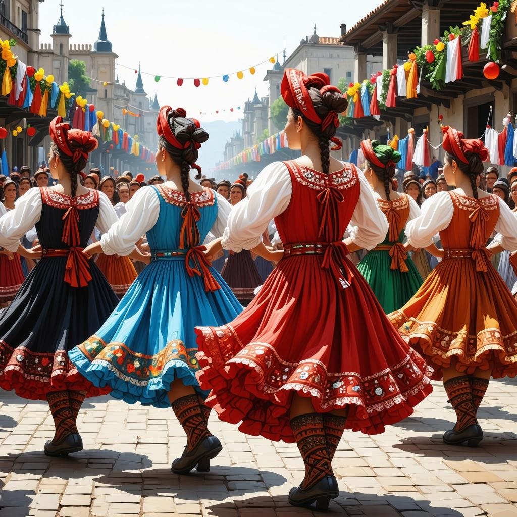 A vibrant digital illustration of a traditional Balkan festival with dancers in colorful costumes and festive decorations.