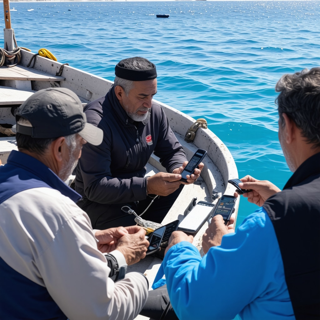 Fishermen in Volos using digital devices on traditional boats in Egean Sea
