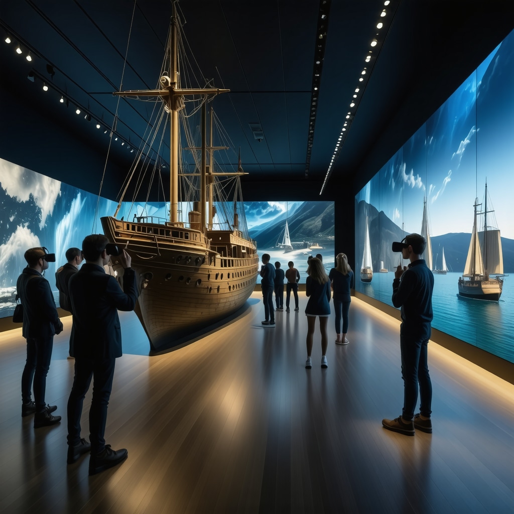 Visitors exploring 3D ship models and virtual reality exhibits in Tivat's maritime museum
