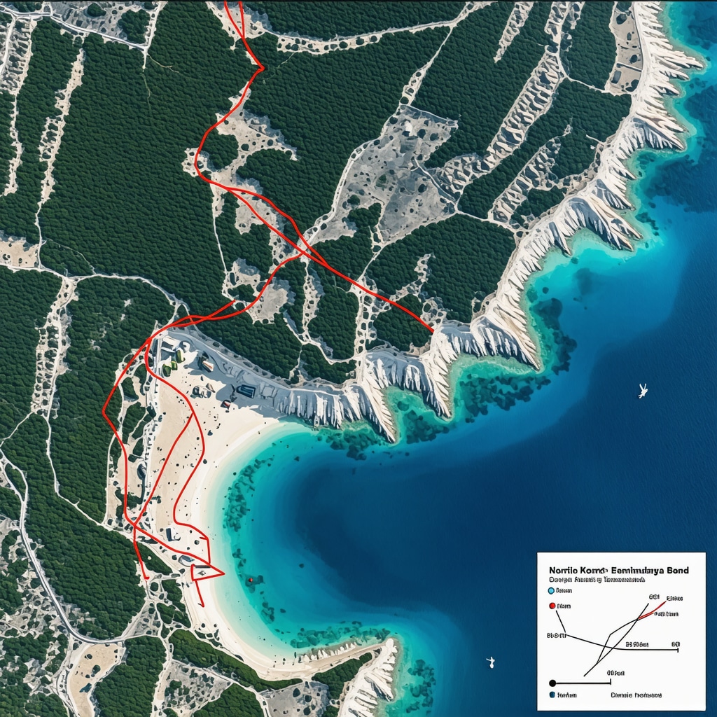 Coastal trail on Korčula island with GIS and AI data overlays illustrating sustainable tourism management