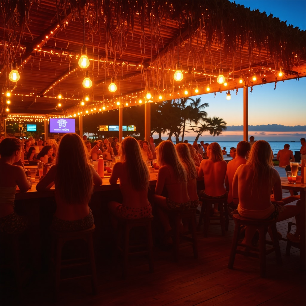 Nightlife in Mamaia with sustainable LED lighting and people enjoying music at an open-air seaside bar