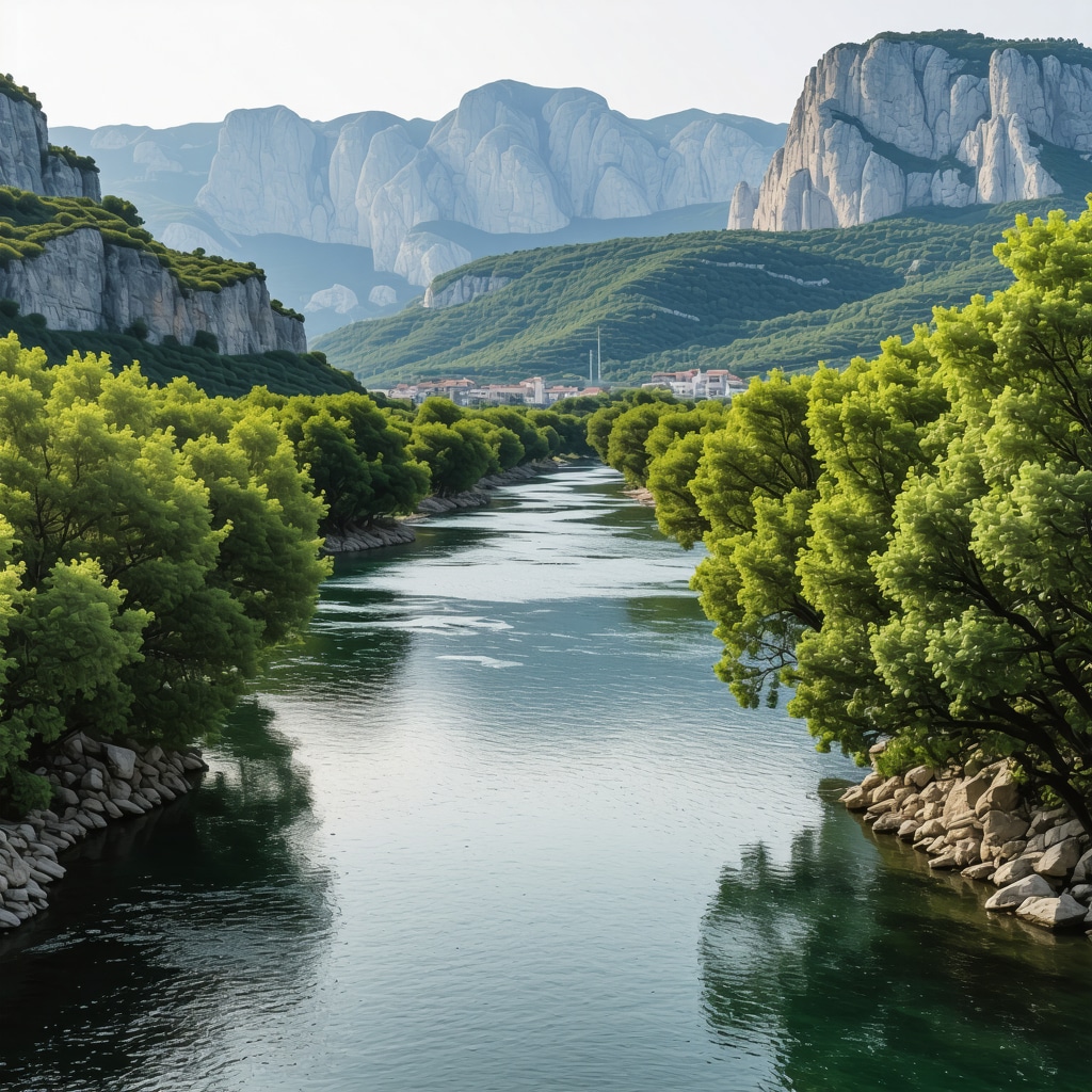 Beautiful panoramic view of Omiš with river and mountains, emphasizing eco-friendly travel