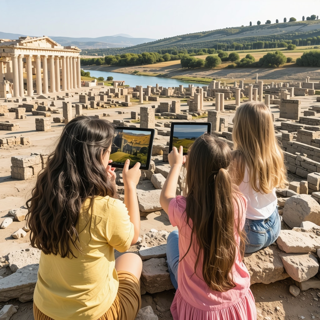 Family using augmented reality tablets to visualize ancient Apollonia ruins near the river Aojus