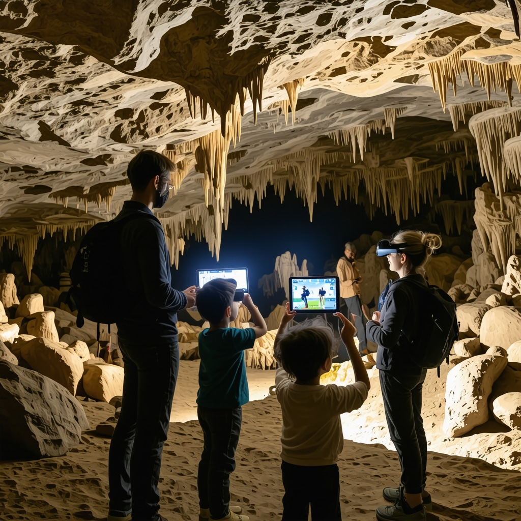 Family with children using AR technology while exploring Postojnska jama cave