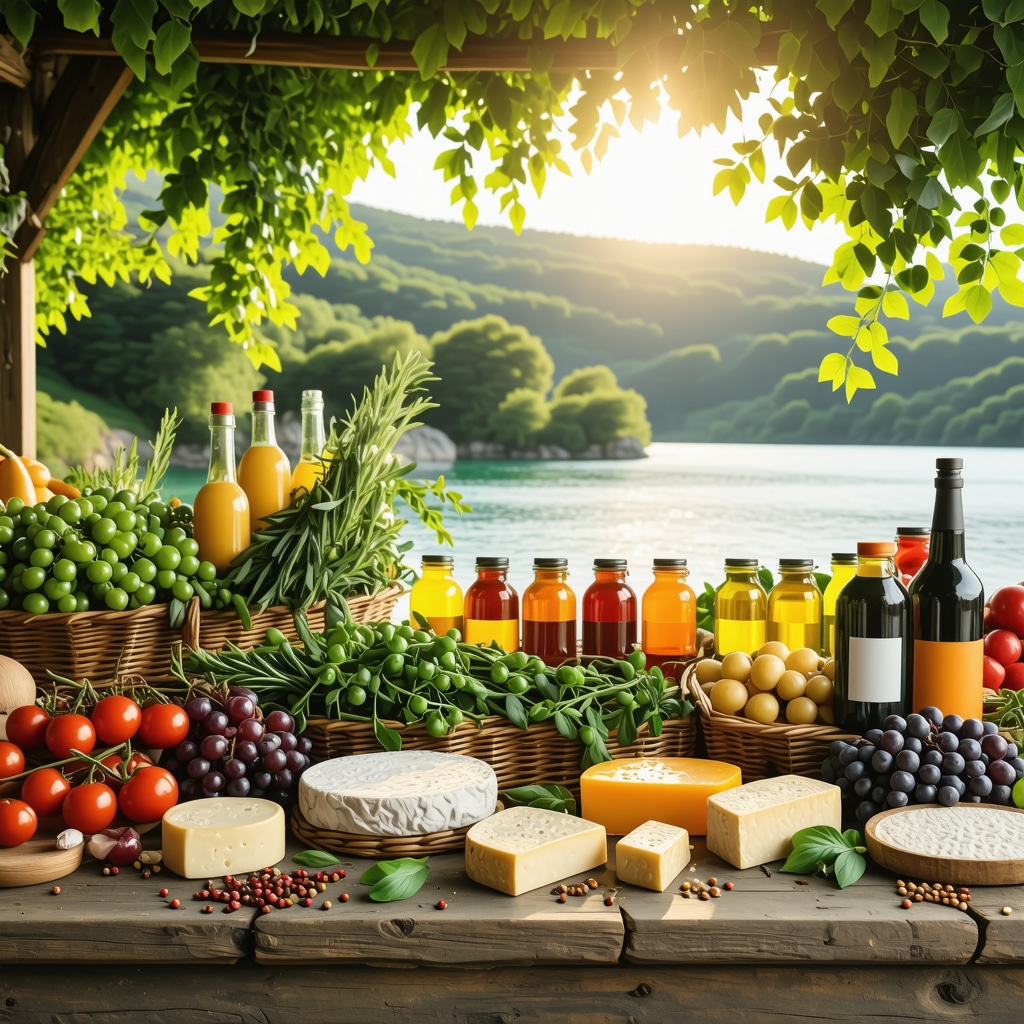 Farmers' market setup displaying local organic products like cheese, honey, and olive oil in National Park Krka