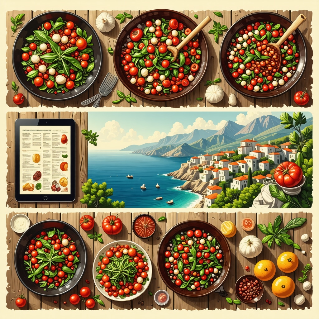 Collage depicting traditional Greek cooking, digital recipe tools, and Nafplio coastal scenery