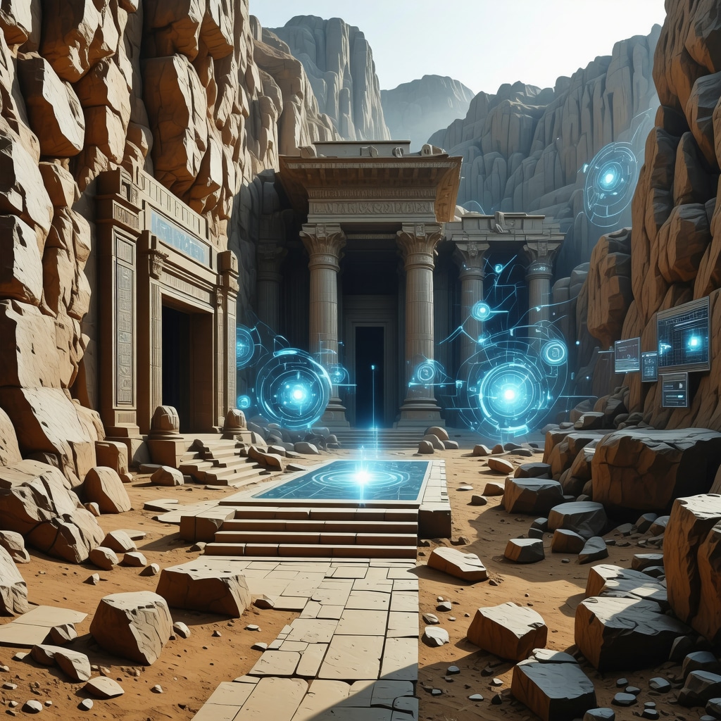High-tech archaeological site with holographic interfaces and ancient temples