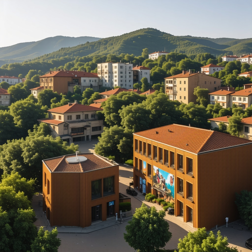 Gabrovo cityscape showcasing traditional Bulgarian houses alongside modern eco-friendly buildings and digital interactive cultural exhibits