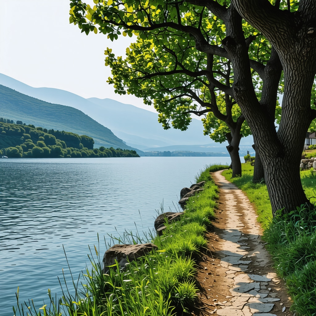 Serene view of Lake Ohrid from a hidden trail, surrounded by lush nature