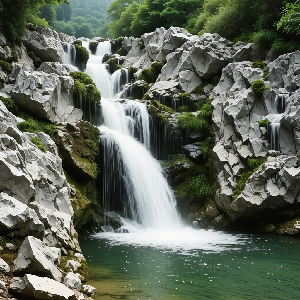 Serene waterfall nestled in Bosnian forest, lush greenery surrounding