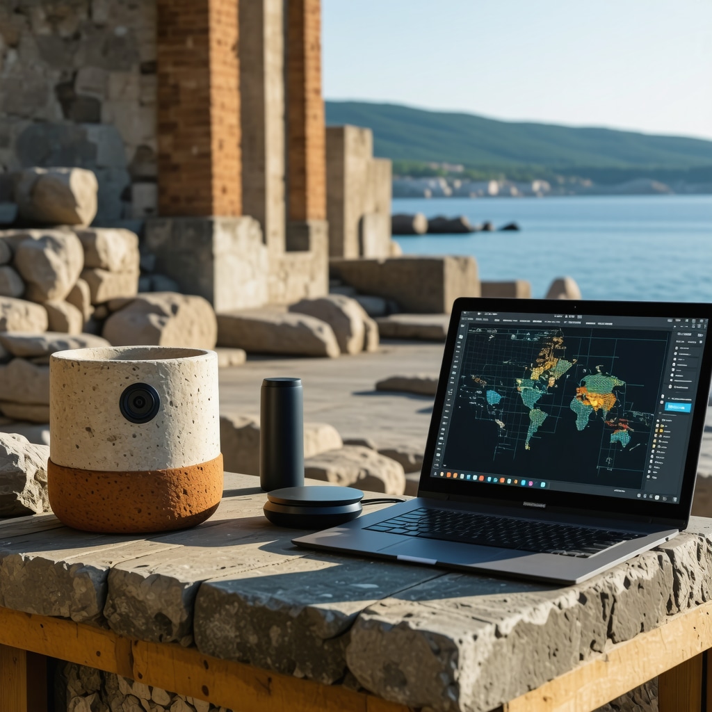 IoT sensors and AI data analysis for preserving Nesebar's archaeological sites with Black Sea and historic buildings in background