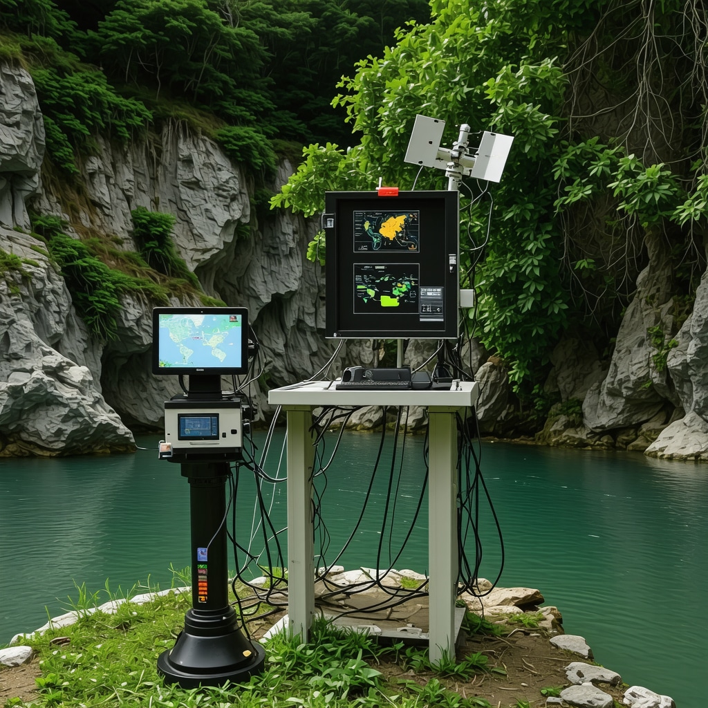 Environmental monitoring sensors and satellite data visuals at Blagaj river spring in lush natural surroundings