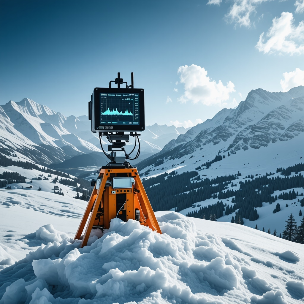 Advanced sensors and digital data monitors in Durmitor's snowy landscape, illustrating modern technology in winter sports safety
