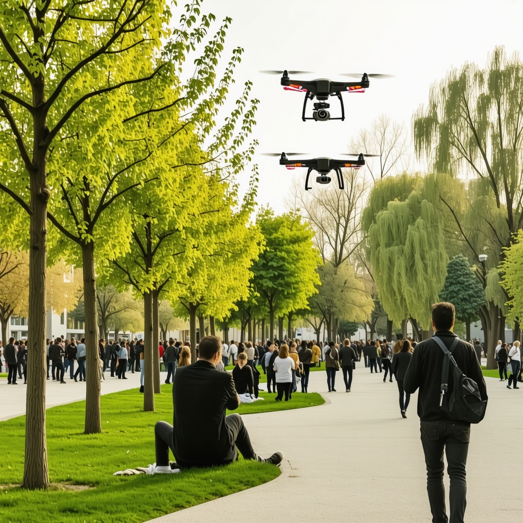 Urban park in Ljubljana with IoT sensors, drones, and visitors using AR apps in spring