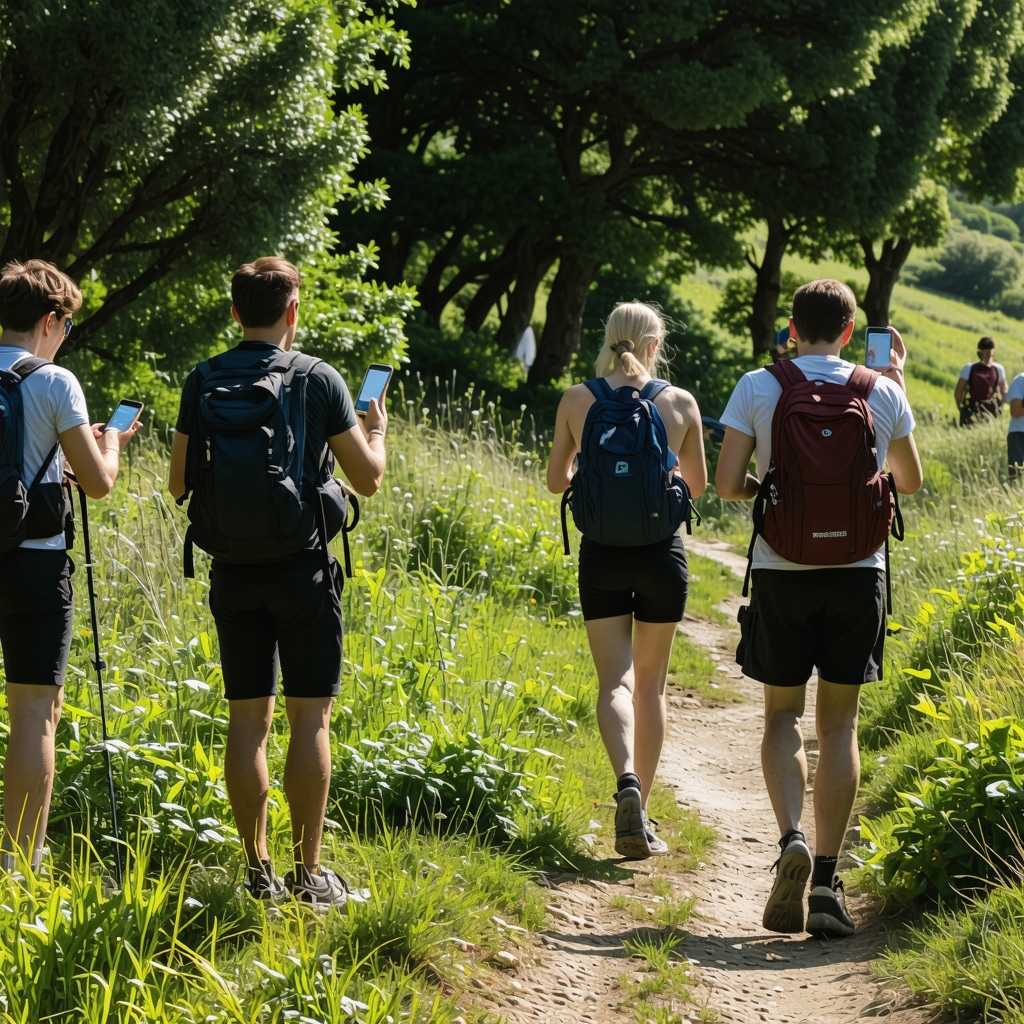 Hikers navigating scenic Çanakkale trails with mobile GPS apps blending nature and history