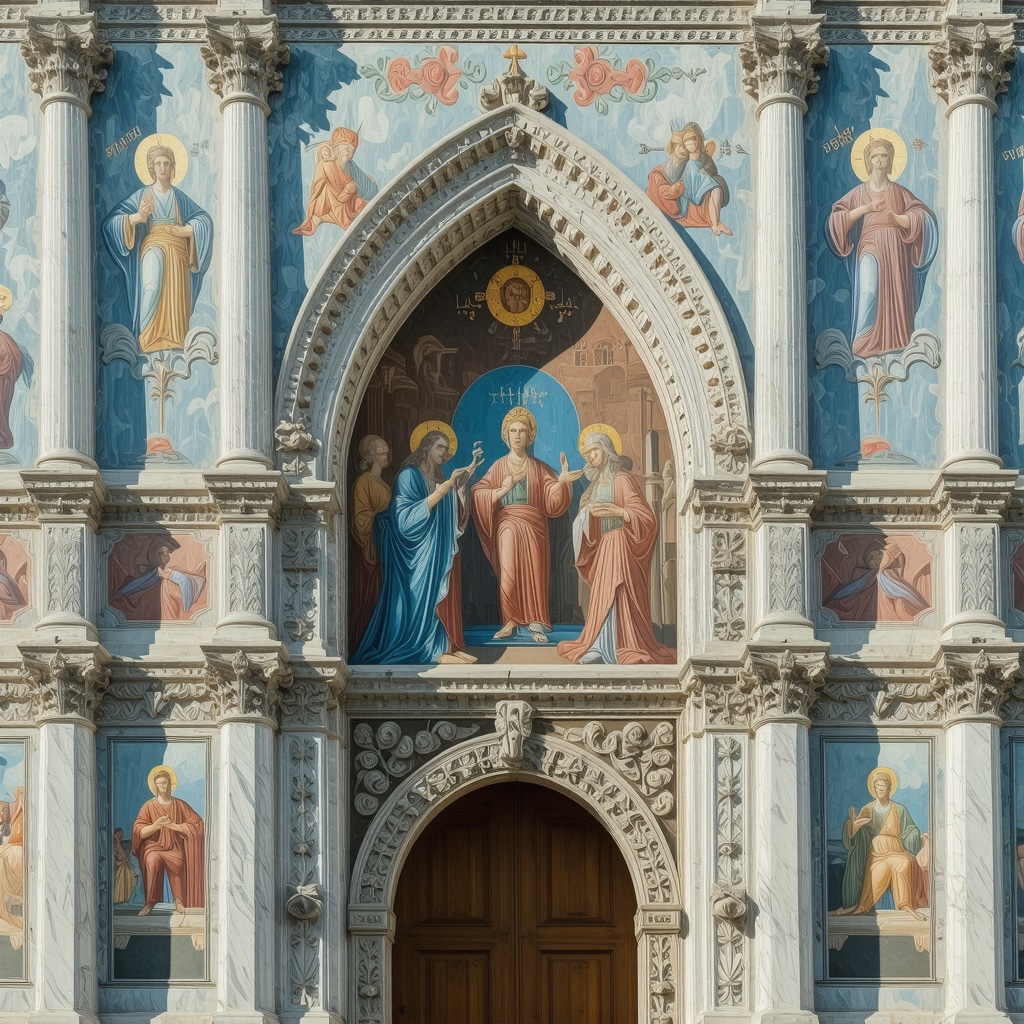 Close-up of historic Slavic Orthodox church architecture in Iași showing frescoes and traditional Moldavian design