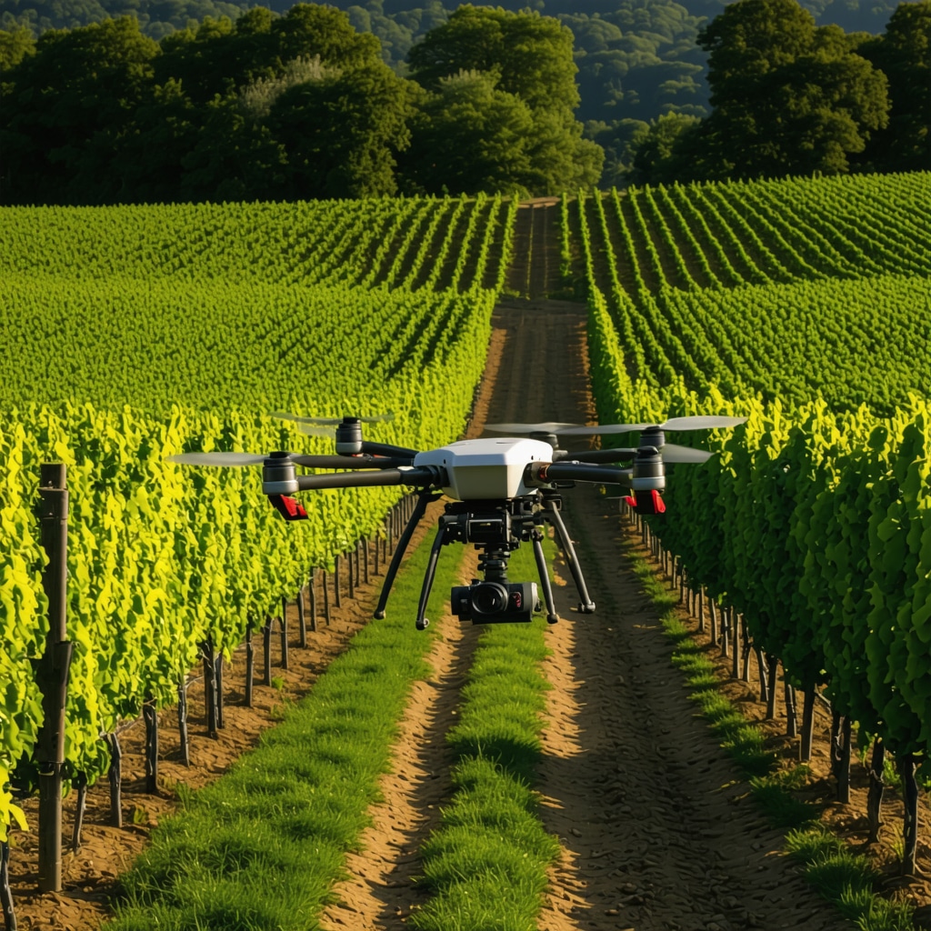 Modern vineyard with drones and sensors monitoring grape growth