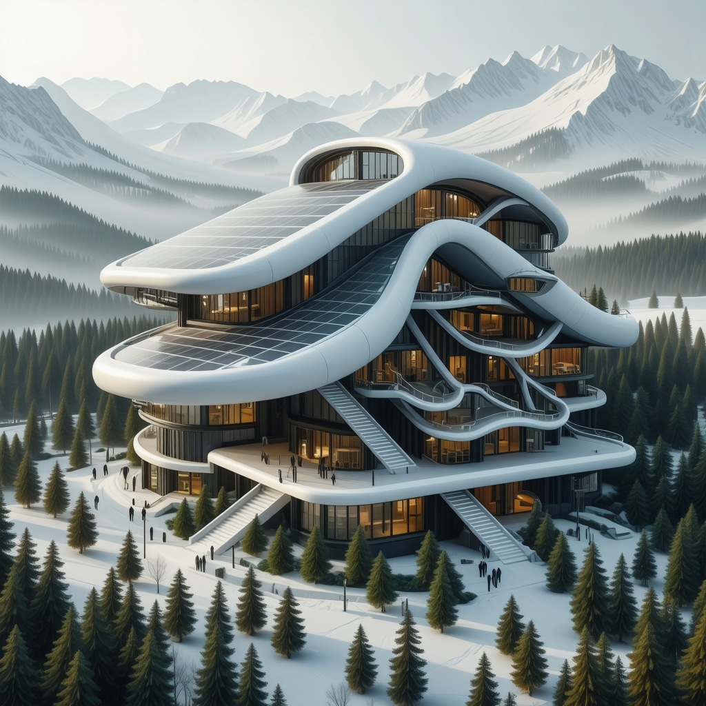 Futuristic ski resort with eco-friendly infrastructure and renewable energy sources in Brezovica