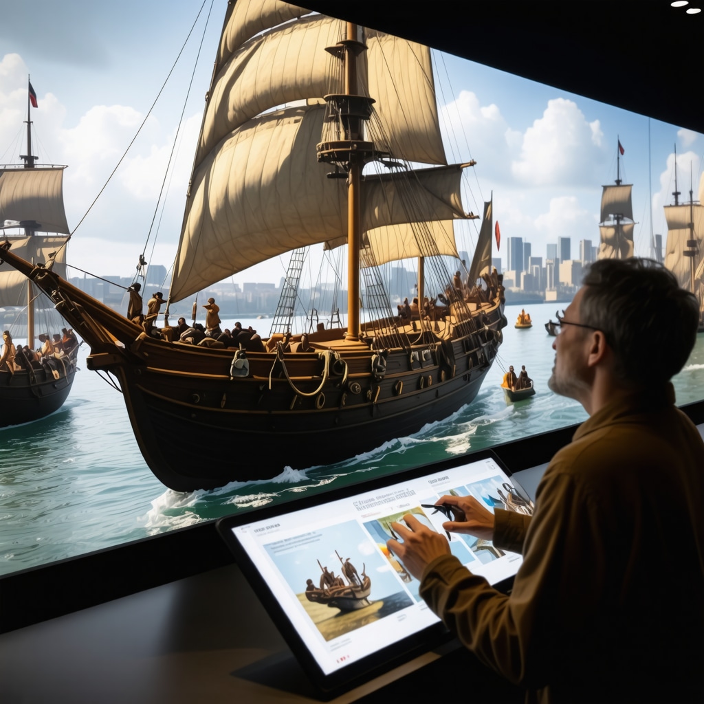 Visitors exploring interactive maritime displays with historical ship models and digital screens