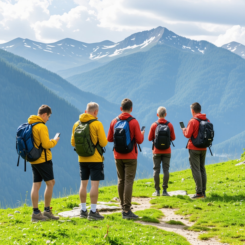 Hikers in Kičevo mountains using smartphones with interactive digital guides for sustainable tourism
