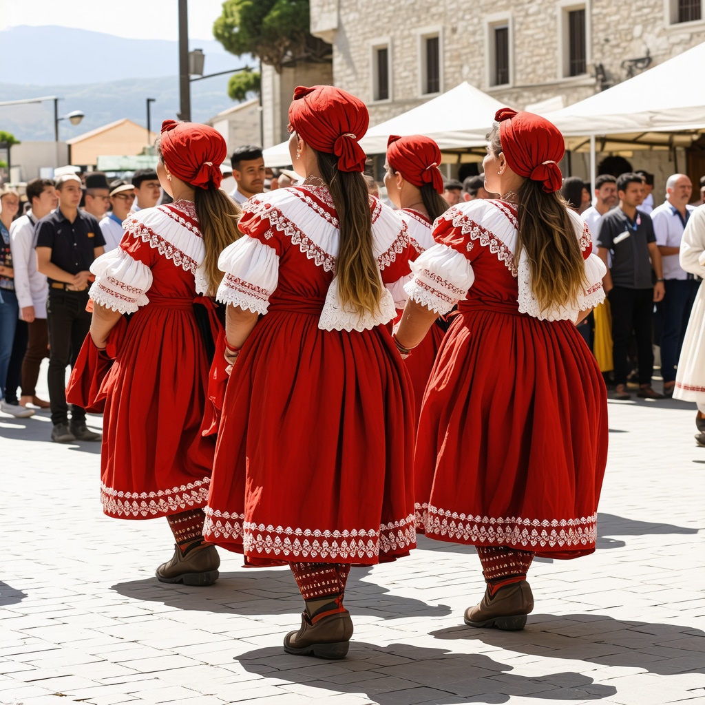 Colorful traditional costumes and dancers performing at a cultural festival in Korçë's town square