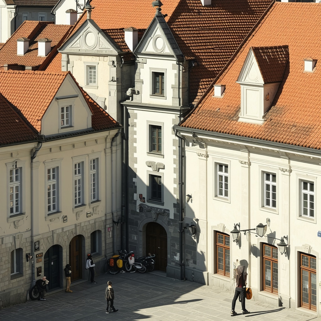 A scenic view of Ljubljana's historic city center with colorful buildings and lively streets.