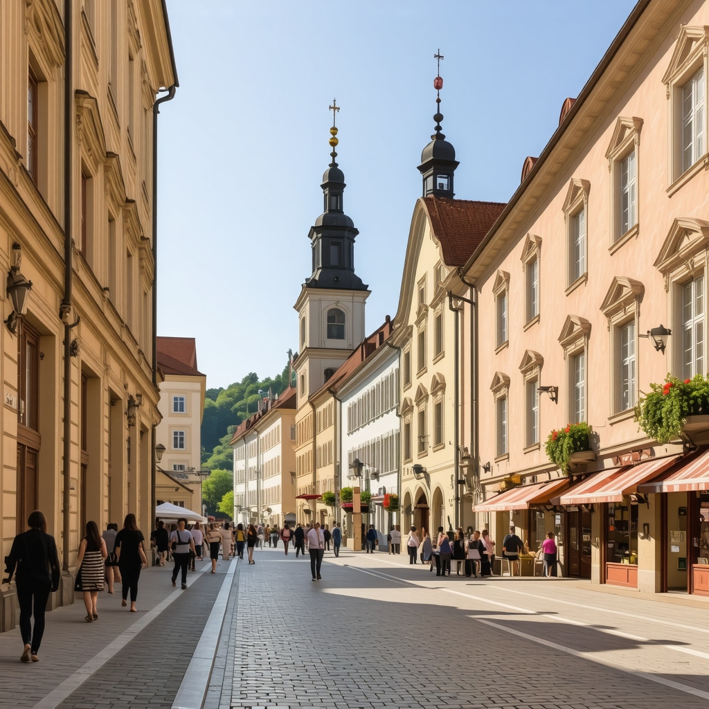 A lively street in Ljubljana showcasing historic architecture and local pedestrians