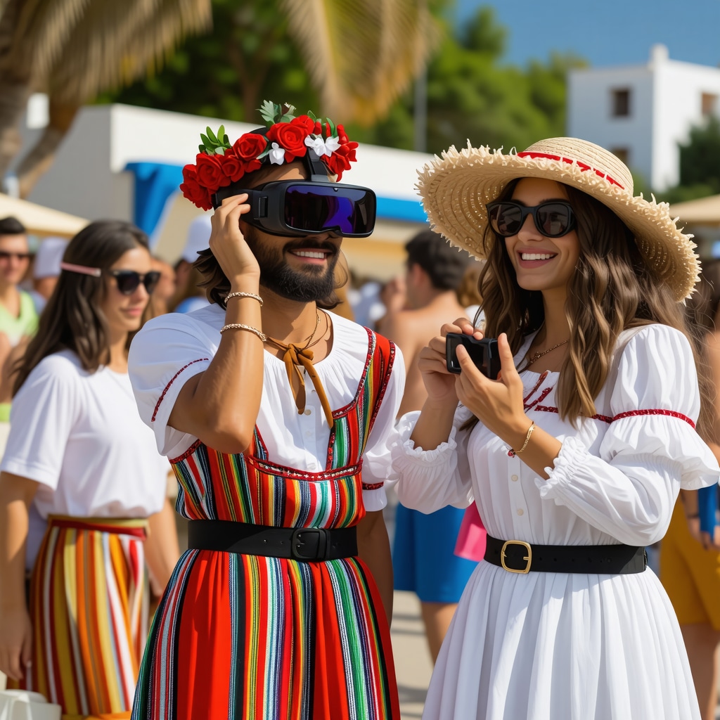 People in traditional Greek costumes using augmented reality devices during Halkidiki festival