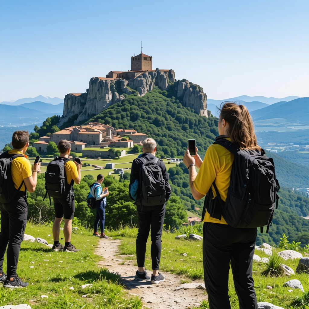 Hikers on Lovćen mountain utilizing augmented reality apps with visible historical landmarks in the background