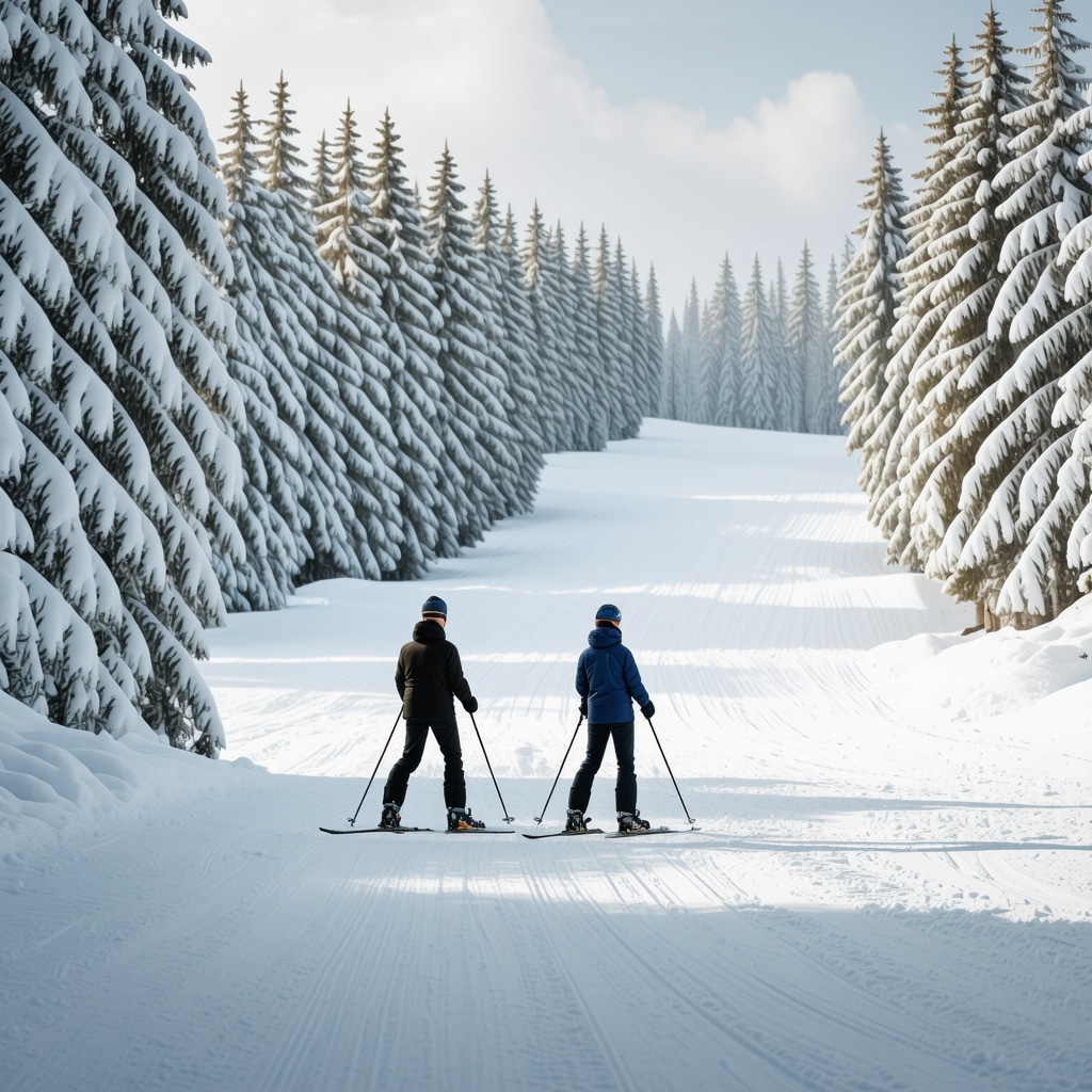 Winter landscape of Borovets with skiers and snowy trees