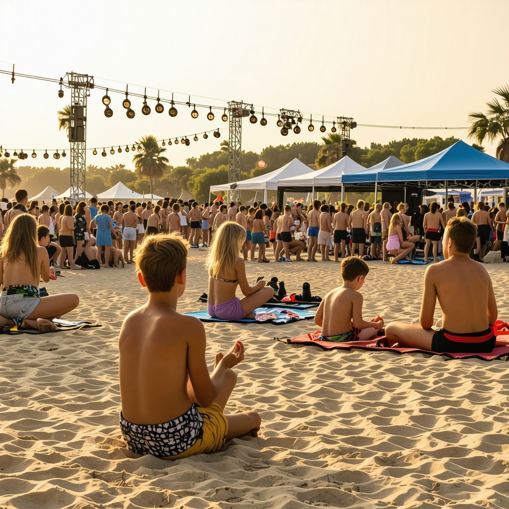Festival scene at Mamaia beach with families enjoying music and sustainable environment in 2024