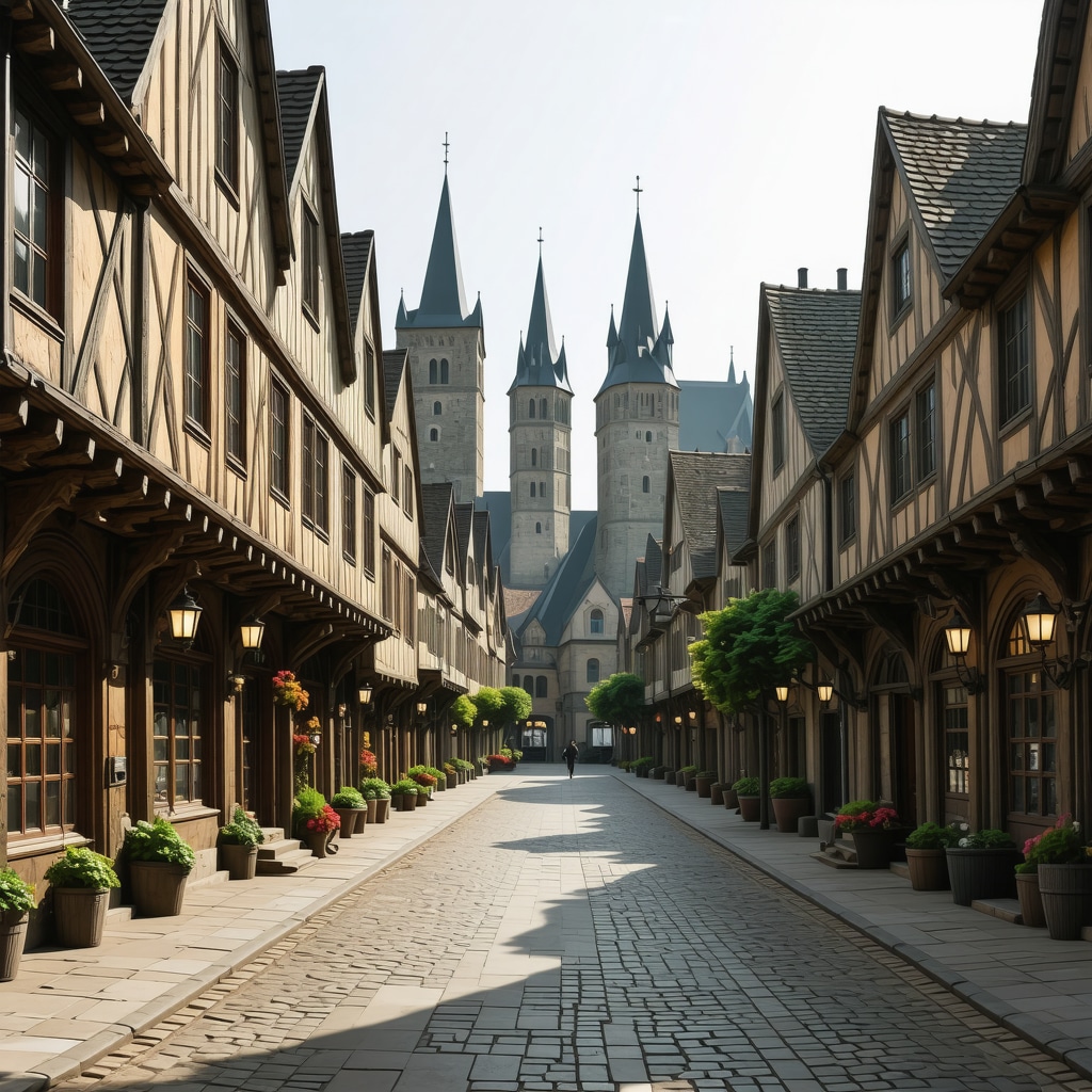 A detailed view of a medieval city street with historic buildings