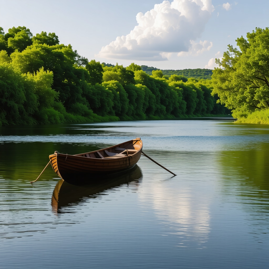 Tiha reka ob Danuvu s čolnom in zelenimi obalami, simbol notranje rasti