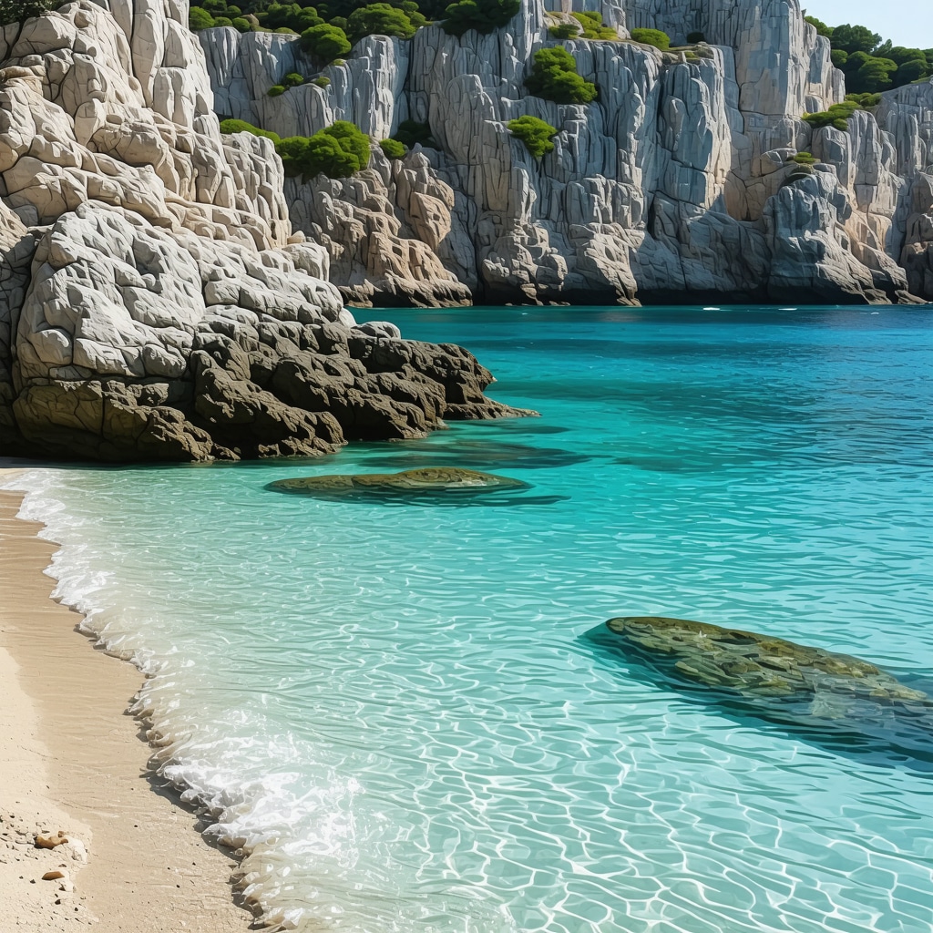 Tiha, skrita plaža s kristalno vodo in naravnimi skalami ob obali, sončni žarki