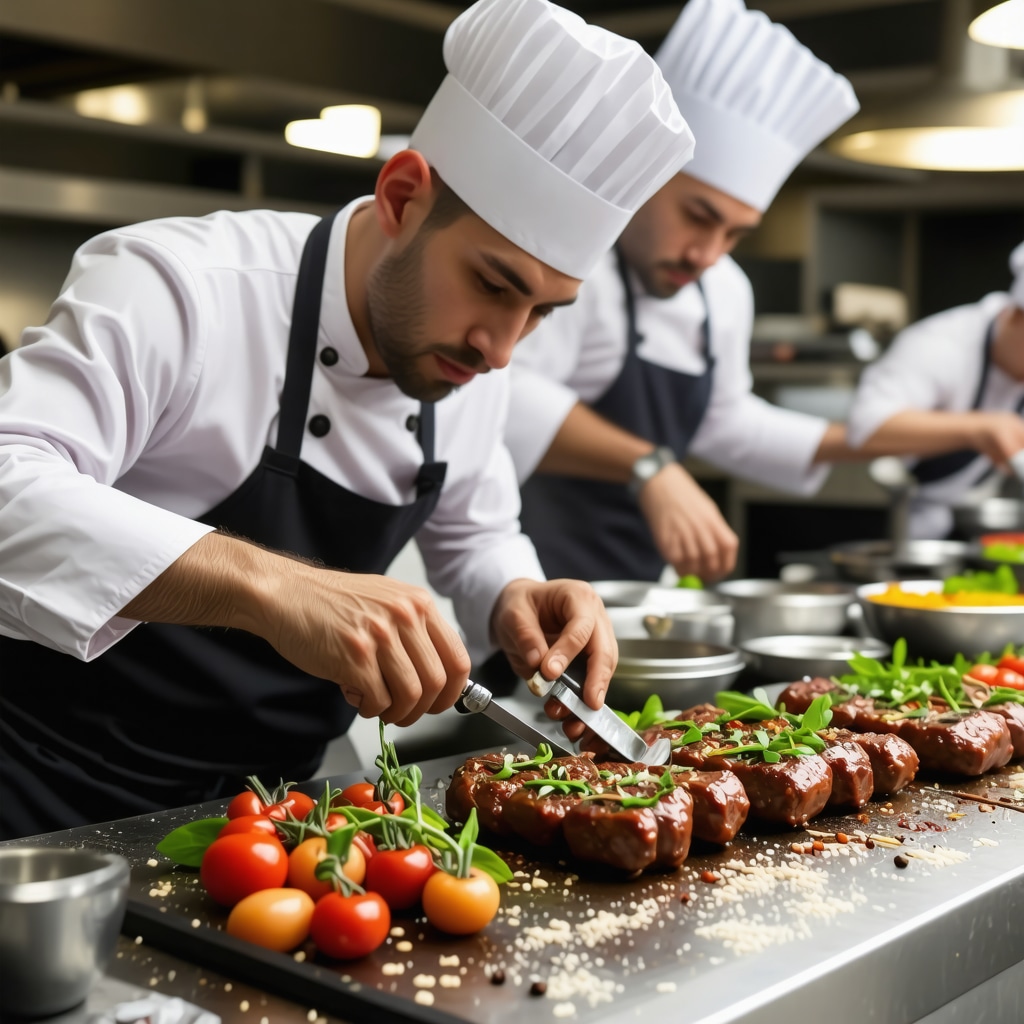 Chefs preparing traditional Serbian dishes with molecular gastronomy techniques in a modern kitchen