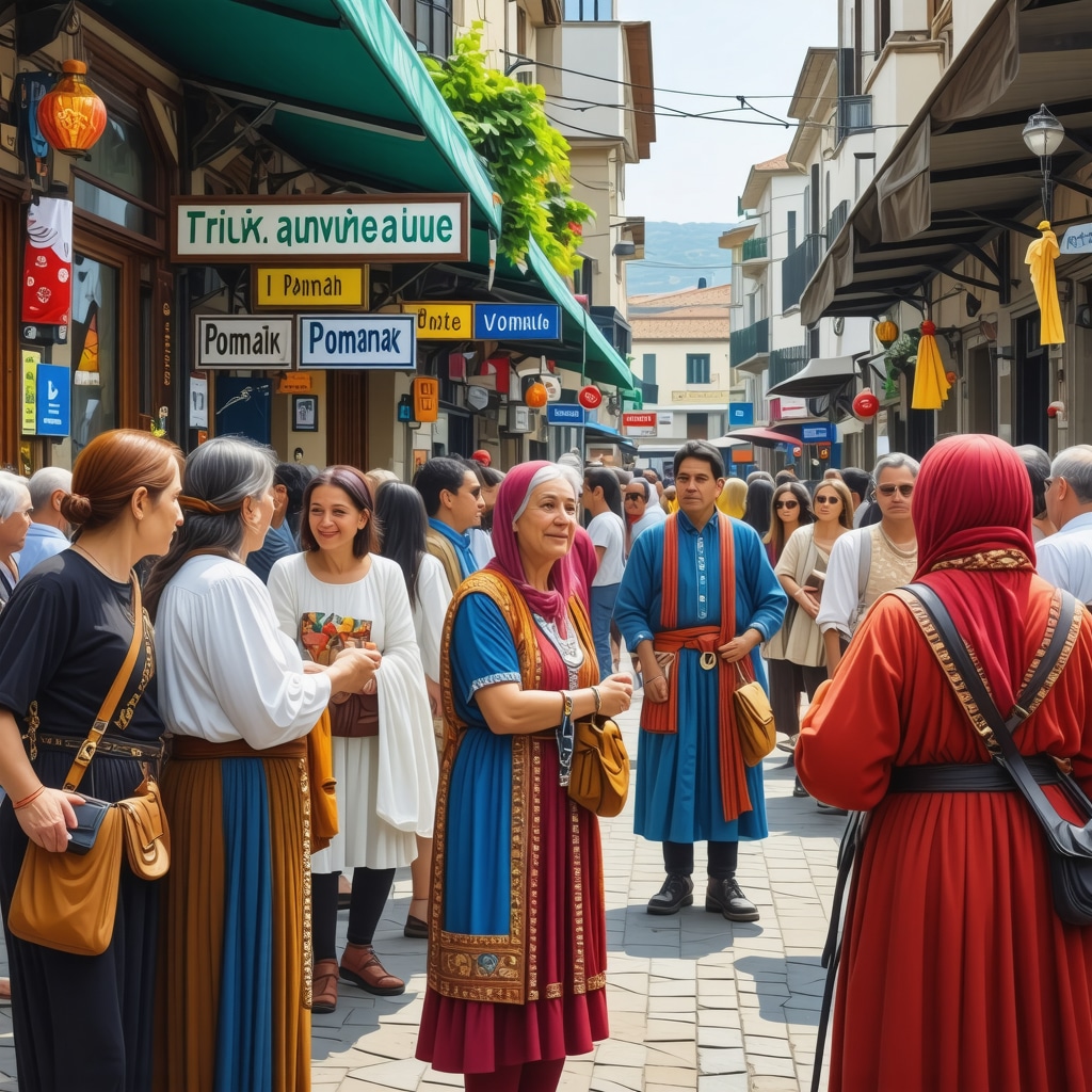 Street in Xanthi with diverse ethnic groups in traditional attire and multilingual signs in Greek, Turkish, Pomak, and Romani