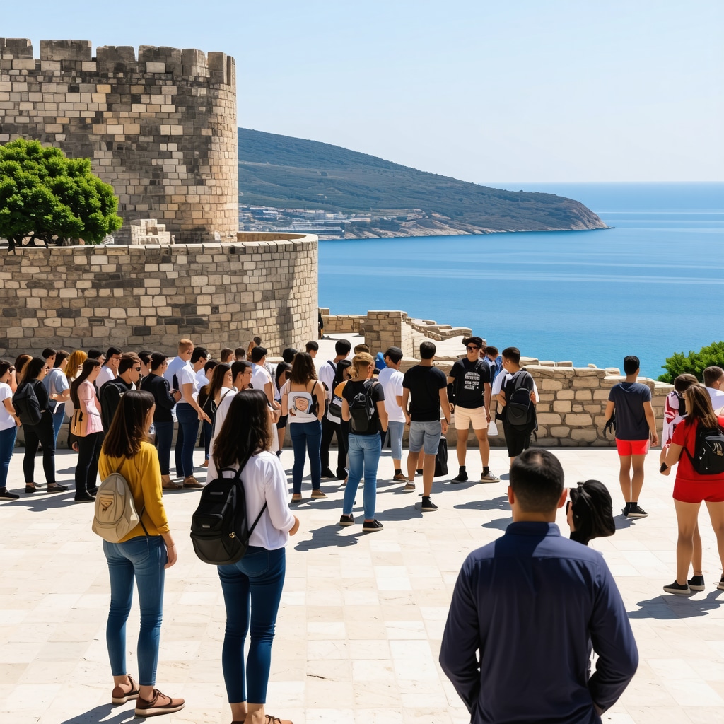 View of Nafplio's Palamidi Fortress with tourists engaging in digital interactive exhibits, showcasing fusion of history and innovation